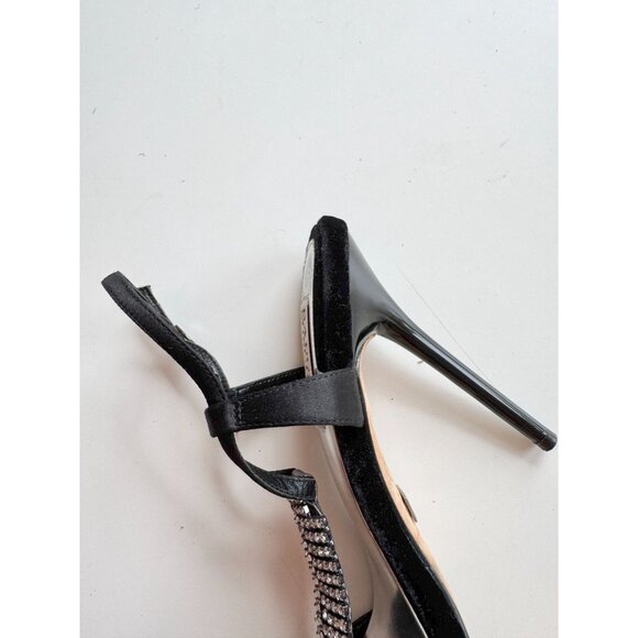 BADGLEY MISCHKA Java Black Satin Velvet Crystal TT-Stra Stiletto Heels, Size 7.5 - Picture 11 of 15